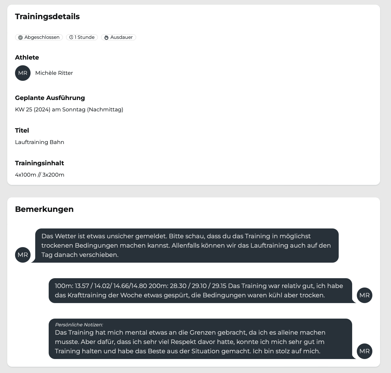 Screenshot der Trainingsdetails der TrackAthlete App